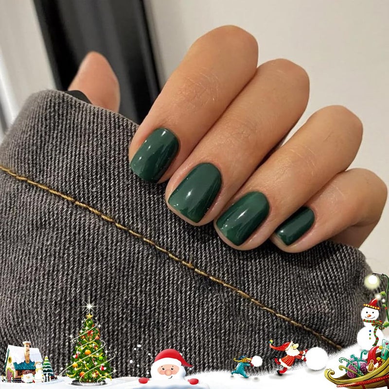 KQueenest 48 Pcs Dark Green Press on Nails Short Square, Acrylic Artificial Nail Glue on False Nails for Women DIY Manicure - Image 3